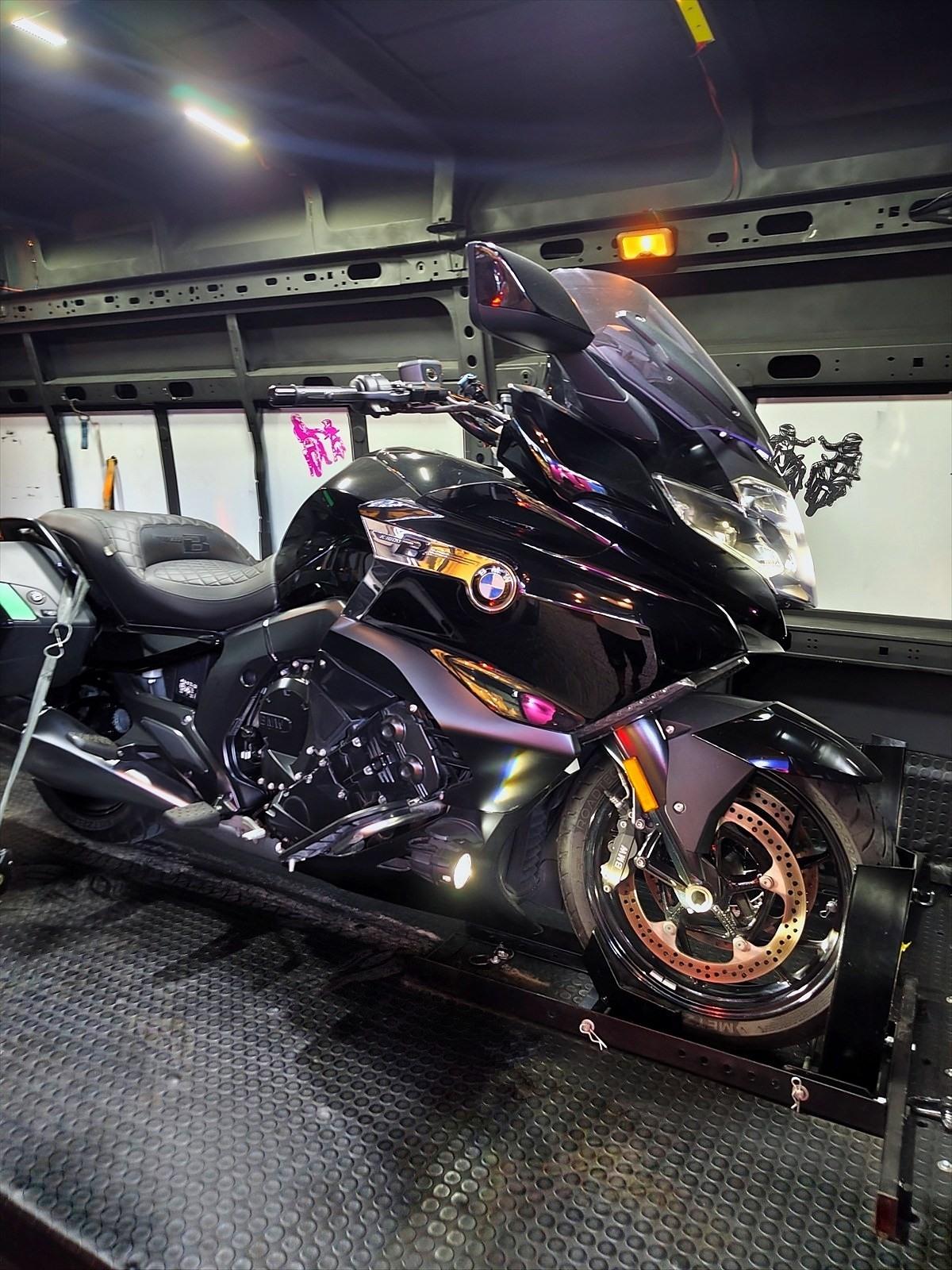BMW K 1600, strapped inside the MC Station van